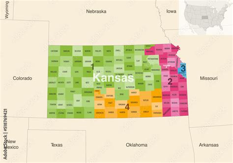 Kansas State Counties Colored By Congressional Districts Vector Map With Neighbouring States And