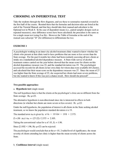 Choosing Inferential Tests Answers - CHOOSING AN INFERENTIAL TEST Take the students through the ...