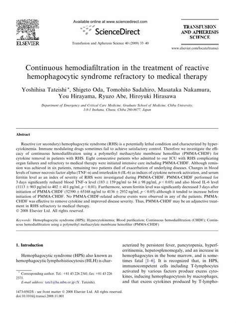 PDF Continuous Hemodiafiltration In The Treatment Of Reactive