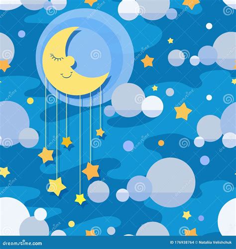 Month With Stars And Floating Clouds Stock Vector Illustration Of