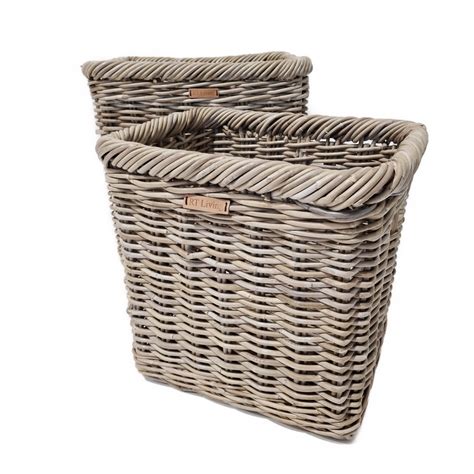 Set Of Tall Oblong Narrow Grey Kubu Rattan Log Baskets Roudham Trading