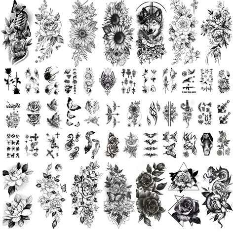 Kotbs 50 Sheets Sexy 3d Black Sketch Flowers Temporary Tattoos For