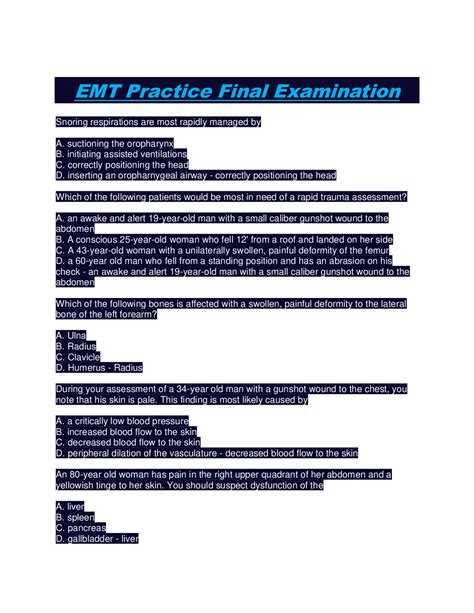 Emt Practice Final Examination Questions And Answers With Complete Top