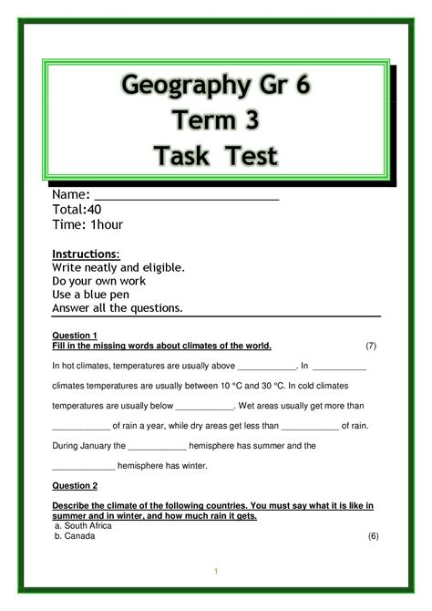 Geography Term 3 Grade 6 Test For Revision • Teacha