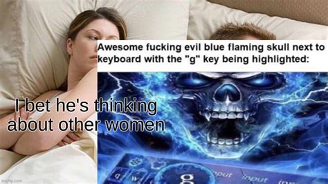 Awesome Fucking Evil Blue Flaming Skull Next To A Keyboard With The G Key Being Highlighted