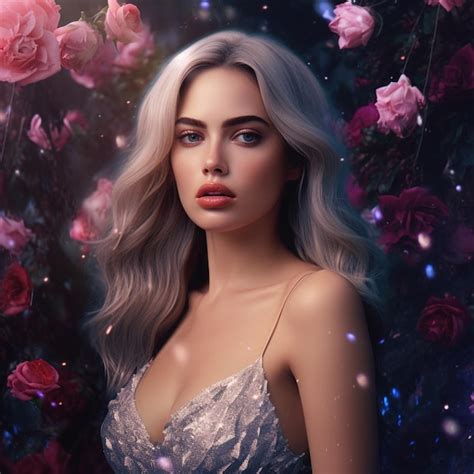 Premium AI Image A Woman With Blonde Hair And A Silver Dress Is Standing In Front Of Roses