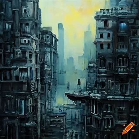 Urban Cityscape Extremely Detailed Oil Painting Dystopian Art