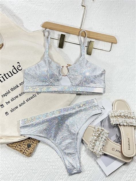 Emmiol Free Shipping Glitter Silver Bikini Set Silver S In Bikini