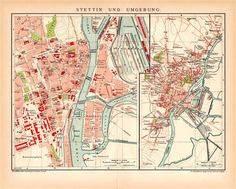 Alte Historische Landkarte Stettin Und Umgebung Stadtplan Lithographie