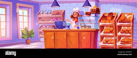 Woman Near Bakery Shop Counter Vector Cartoon Background Baker In