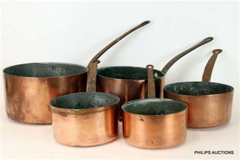 Antique Copper Saucepans Set With French Stamp Copper Metalware