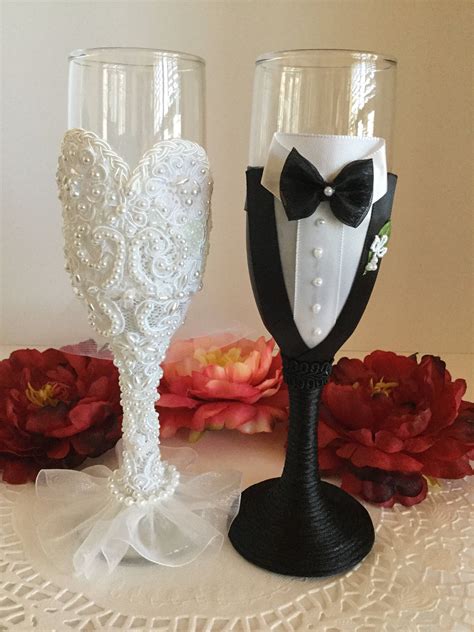 Haute Couture Bride And Groom Champagne Glasses Beautiful Etsy Wedding Champagne Glasses