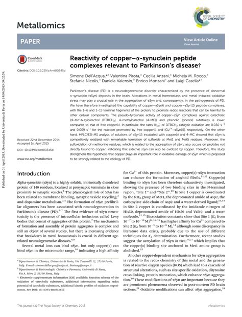 Pdf Reactivity Of Copper α Synuclein Peptide Complexes Relevant To Parkinsons Disease