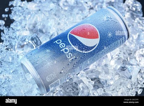 Mogilev Belarus February 13 2021 Can Of Pepsi Cola On Ice Over Black