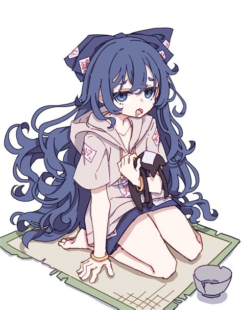 Safebooru 1girl Absurdres Bangle Barefoot Blue Bow Blue Eyes Blue Hair Blue Skirt Bow Bracelet