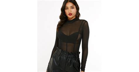 Black Mesh High Neck Corset Seam Bodysuit New Look