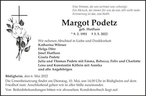 Traueranzeigen Von Margot Podetz Trauerportal Ihrer Tageszeitung