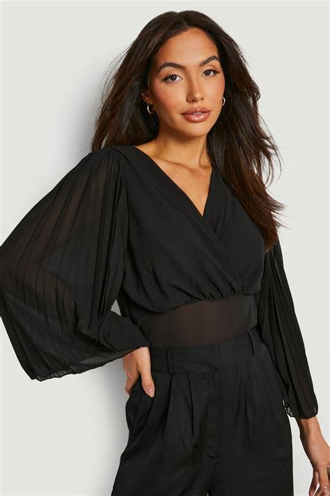 Womens Black Pleated Chiffon Sleeve Wrap Bodysuit Boohoo Uk