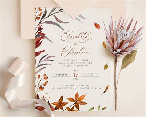 Sienna Rustic Fall Wedding Invitation Template Autumn Leaves And Greenery Download Editable