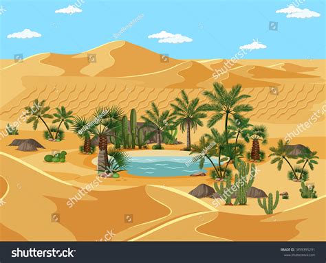 Desert Oasis Palms Catus Nature Landscape Stock Vector Royalty Free