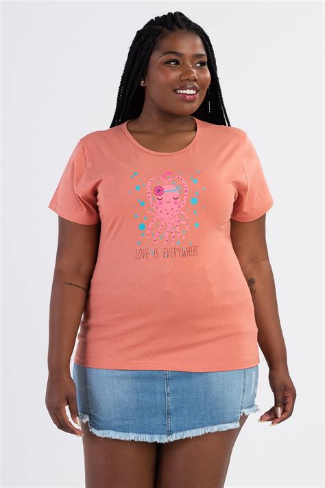 T Shirt Feminina Plus Size De Algodão Polvo