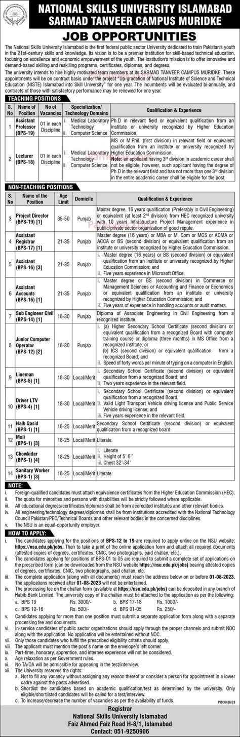 National Skills University Islamabad Teaching And Non Teaching Jobs