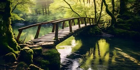 Premium Ai Image Crossing A Rustic Bridge A Narrow Wooden Bridge