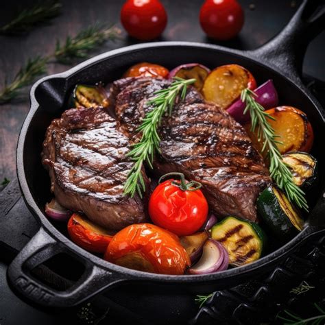 Premium Ai Image Grilled Beef Steak With Grilled Vegetables In Iron Pan