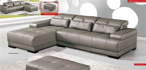 Grey Genuine Leather Sectional Sofa w/Adjustable Headrests