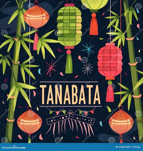 Festive Night Scene With Bamboo And Hanging Lanterns Celebrating The