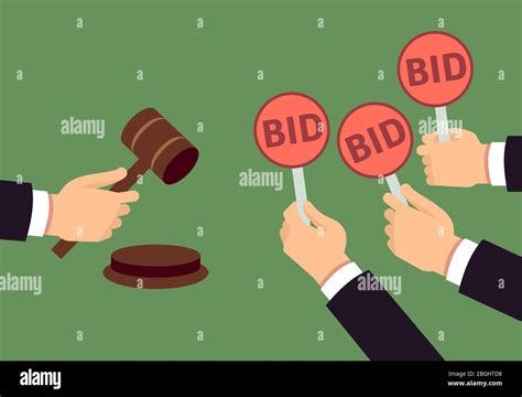 Bidders Human Arms Holding Bid Paddle And Auctioneer Hand With Gavel