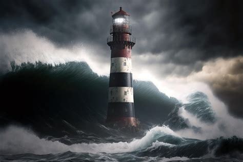 Un faro en el océano con un cielo tormentoso de fondo Foto Premium