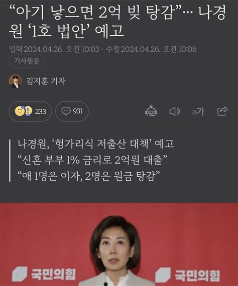 결혼·출산하면 2억원 연 1로 장기대출나경원 1호 법안 추진 인스티즈instiz 이슈 카테고리