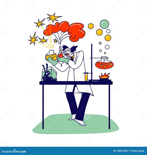 Mad Scientist Character With Glass Flasks And Beakers Conducting