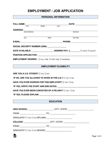 General Printable Employment Application Form