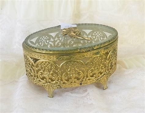 Vintage Ormolu Filigree Jewelry Casket Box Gem