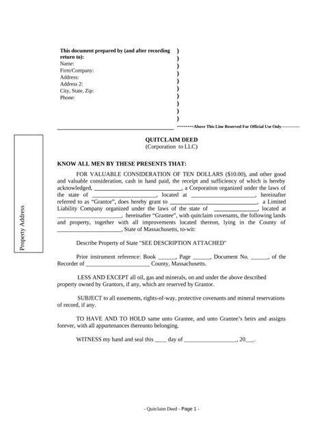 Quitclaim Deed From Corporation To Llc Massachusetts Fill Out Sign