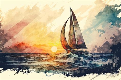 Premium Photo | Sailboat on ocean at sunset beautiful watercolor style