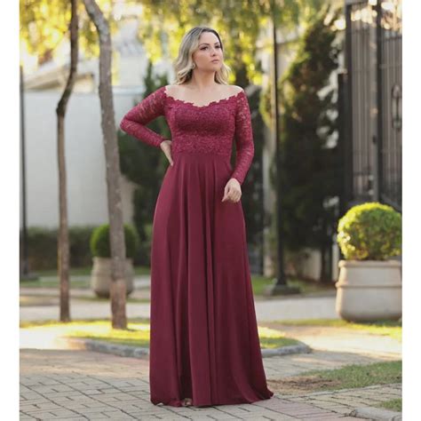 Vestido De Festa Manga Longa Marsala Madrinha Casamento em Promoção