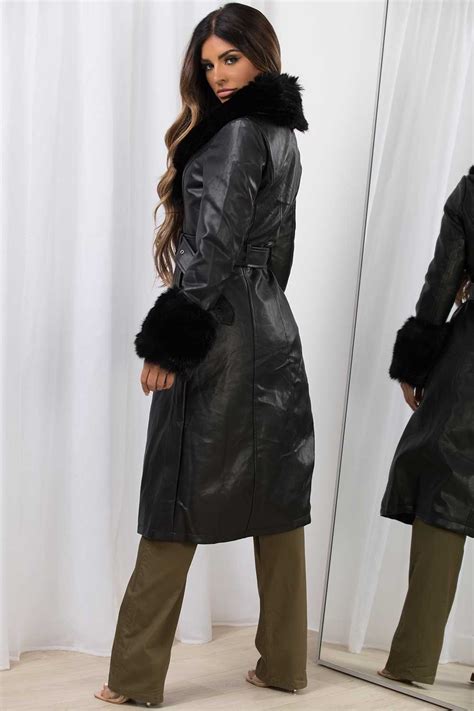 Womens Long Faux Fur Faux Leather Jacket With Belt Black Uk