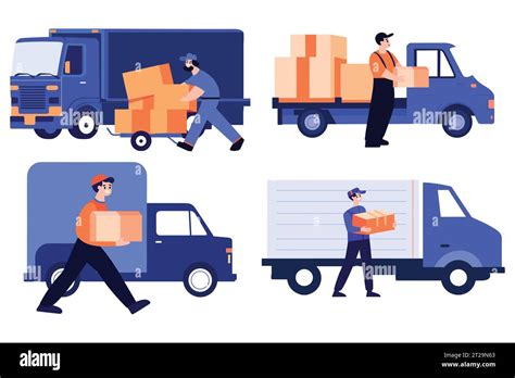 Hand Drawn Delivery Man With Delivery Truck In Flat Style Isolated On