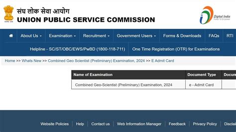 Upsc Combined Geo Scientist Preliminary Exam Admit Card