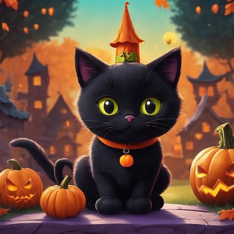 Premium Ai Image Cute Cartoon Black Cat Halloween Day