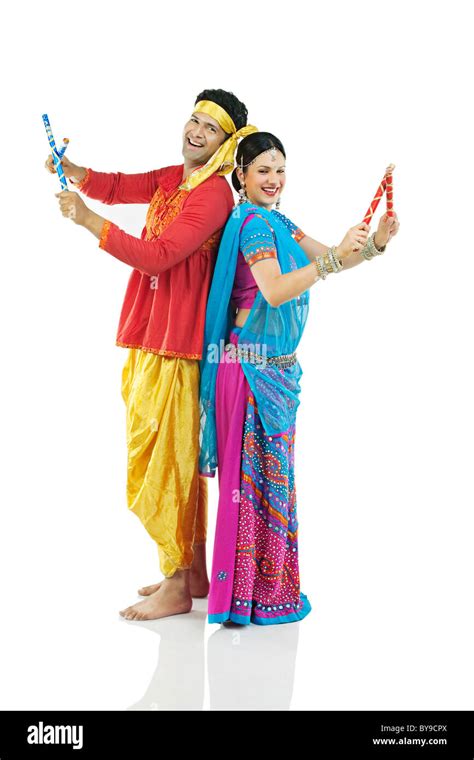 Gujarati Couple Performing Dandiya Dance Stock Photo Alamy