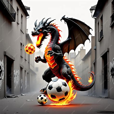 Premium Ai Image A Dragon Playing Soccer With A Flaming Ball In The