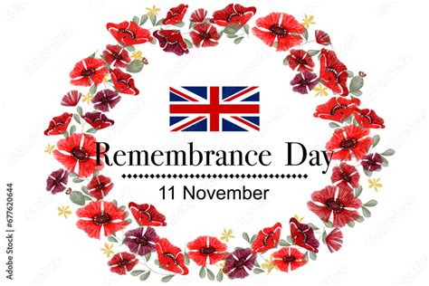 Remembrance Day vector background banner. Red Poppy flower . Union Jack flag Remembrance Poppy ...