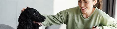 Jovencita De Brunette Feliz Meando A Su Perro Foto De Archivo Imagen De Mujer Joven