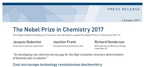 2017年诺贝尔化学奖揭晓 3位科学家分享奖项