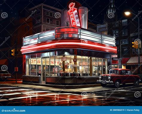 Vintage diner at night stock illustration. Illustration of artistic - 288986819