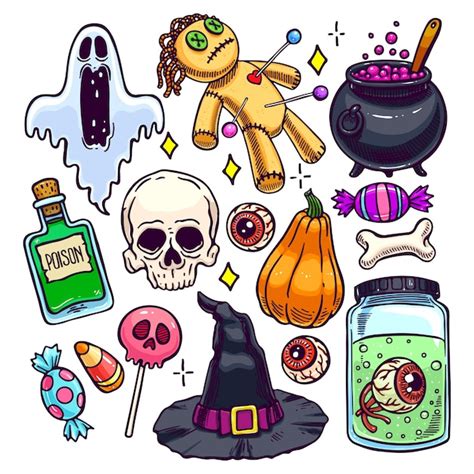 Premium Vector Set Of Different Attributes Of Halloween Hand Drawn